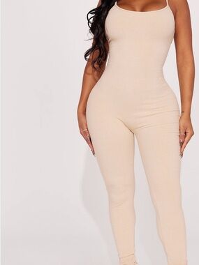 Fashion Nova Beige Ribbed Slim Jumpsuit